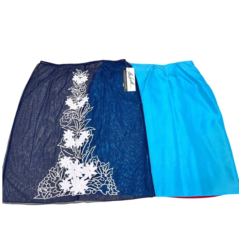 Randolph Duke Skirt Womens‎ 16 Blue NEW Floral Mesh Overlay Midi Cocktail